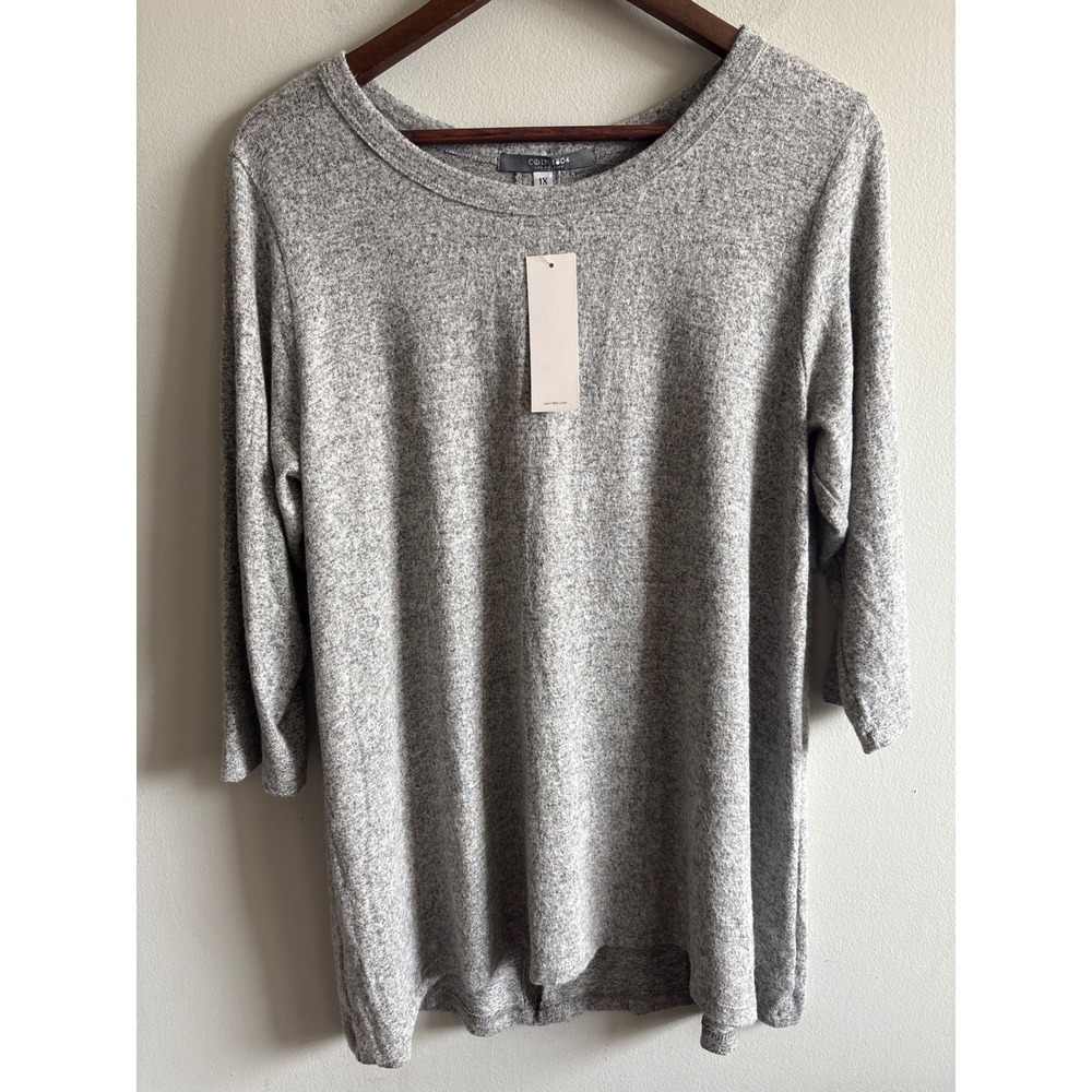 Coin 1804 Los Angeles Gray Heathered Knit Top Button Back 3/4 Sleeve 1X NWT
